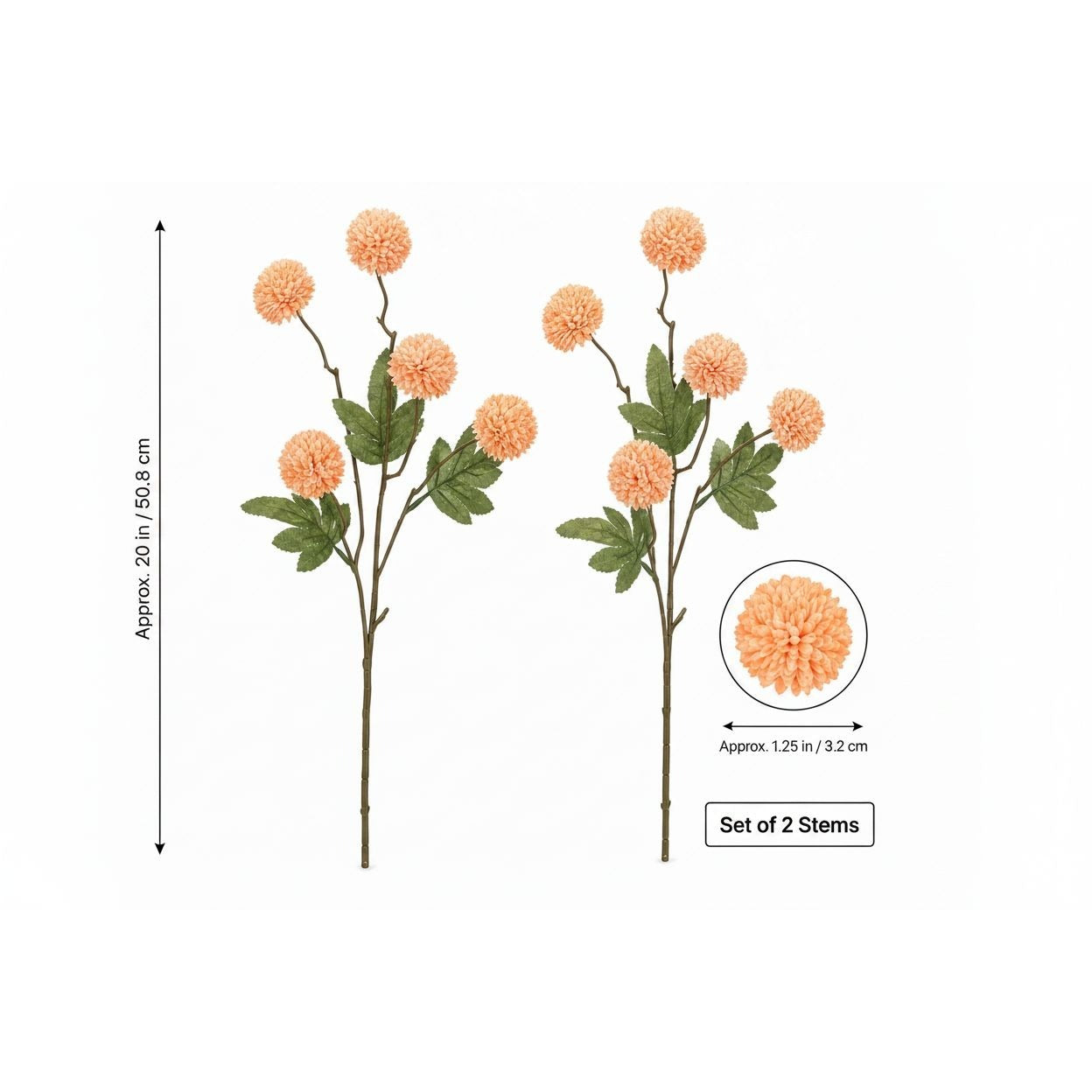 Soft Peach Pom Pom Chrysanthemum Stems Set of 2, 20 Inch Artificial Silk Flowers for Floral Arrangements