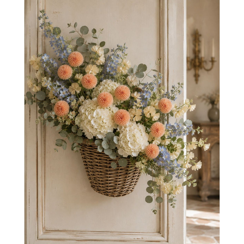 Soft Peach Pom Pom Chrysanthemum Stems Set of 2, 20 Inch Artificial Silk Flowers for Floral Arrangements