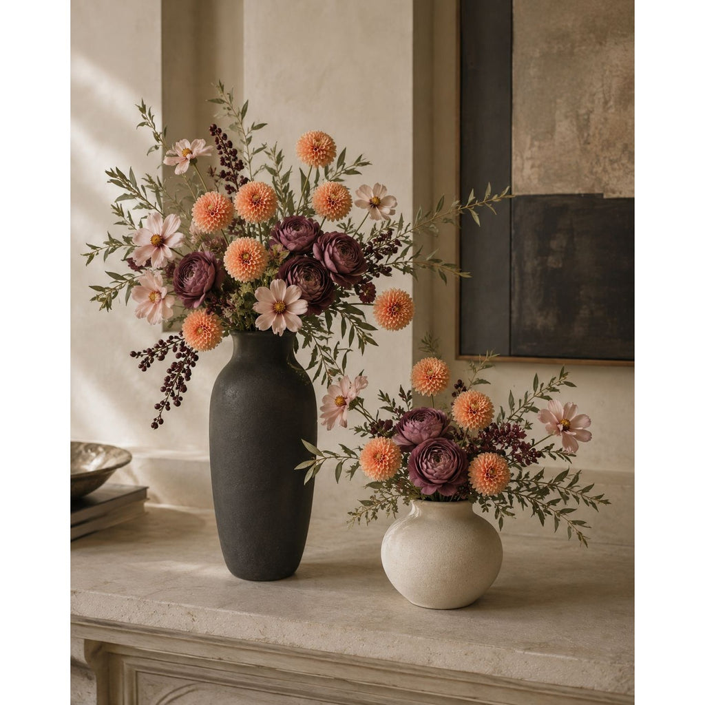 Soft Peach Pom Pom Chrysanthemum Stems Set of 2, 20 Inch Artificial Silk Flowers for Floral Arrangements