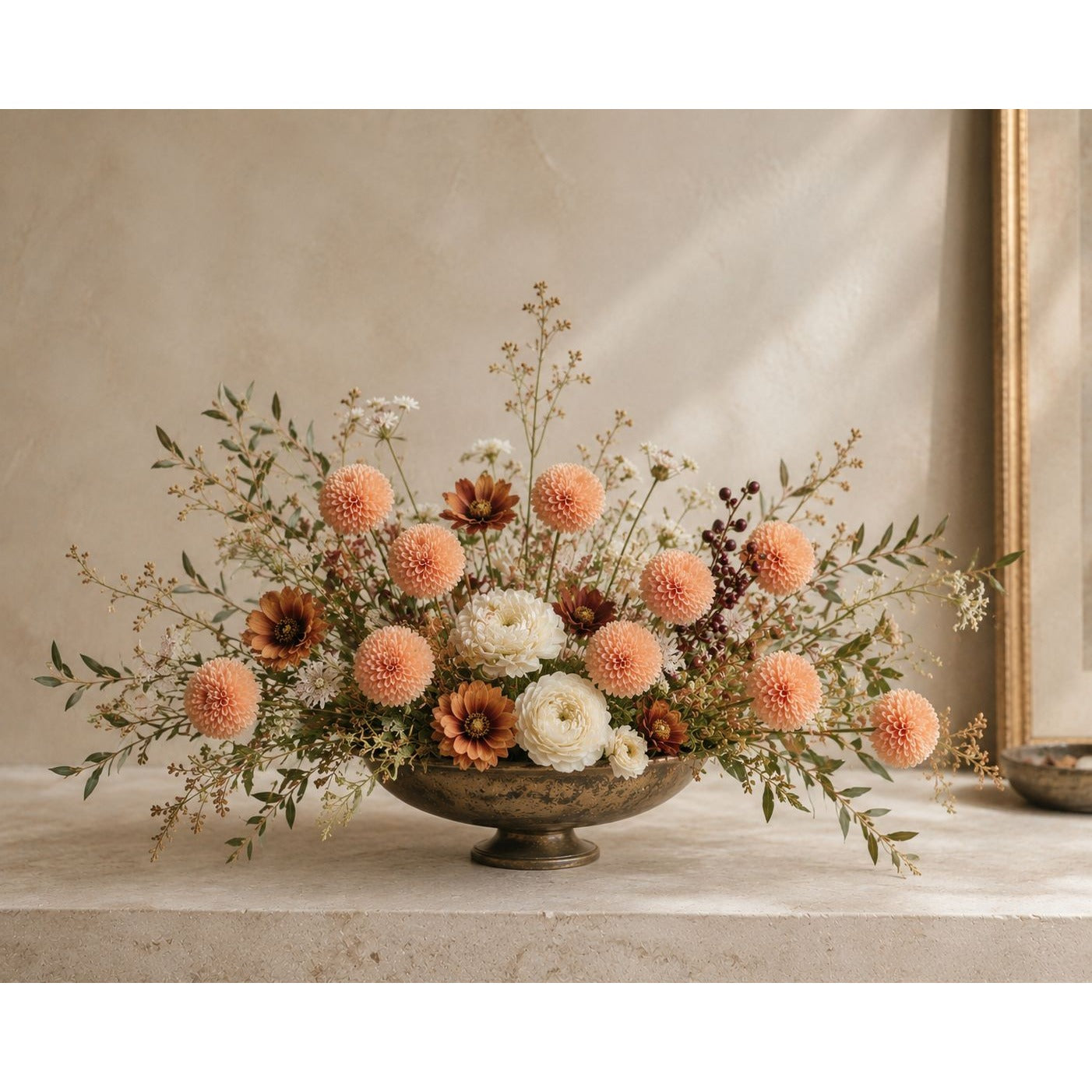Soft Peach Pom Pom Chrysanthemum Stems Set of 2, 20 Inch Artificial Silk Flowers for Floral Arrangements