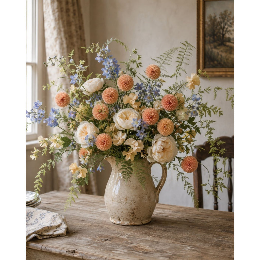 Soft Peach Pom Pom Chrysanthemum Stems Set of 2, 20 Inch Artificial Silk Flowers for Floral Arrangements