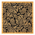 A square scarf with a black background and an intricate gold paisley pattern, finished with a solid gold border.