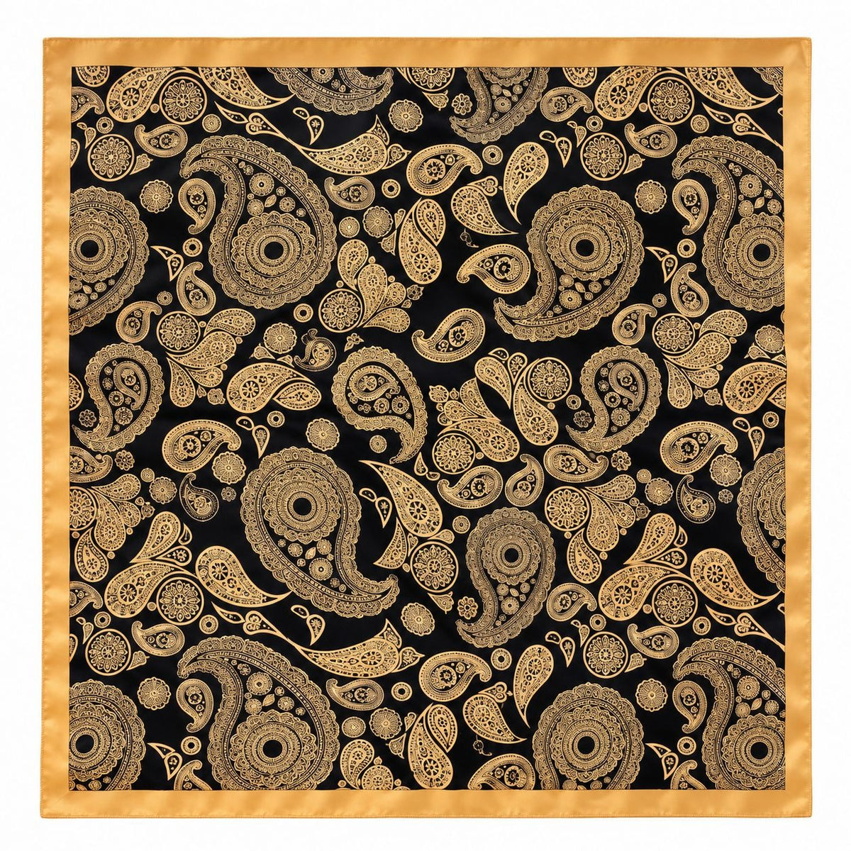A square scarf with a black background and an intricate gold paisley pattern, finished with a solid gold border.