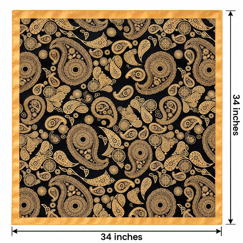 A square scarf or pocket square with a black background and an ornate gold paisley pattern, shown with dimension markers indicating 34 inches on each side.