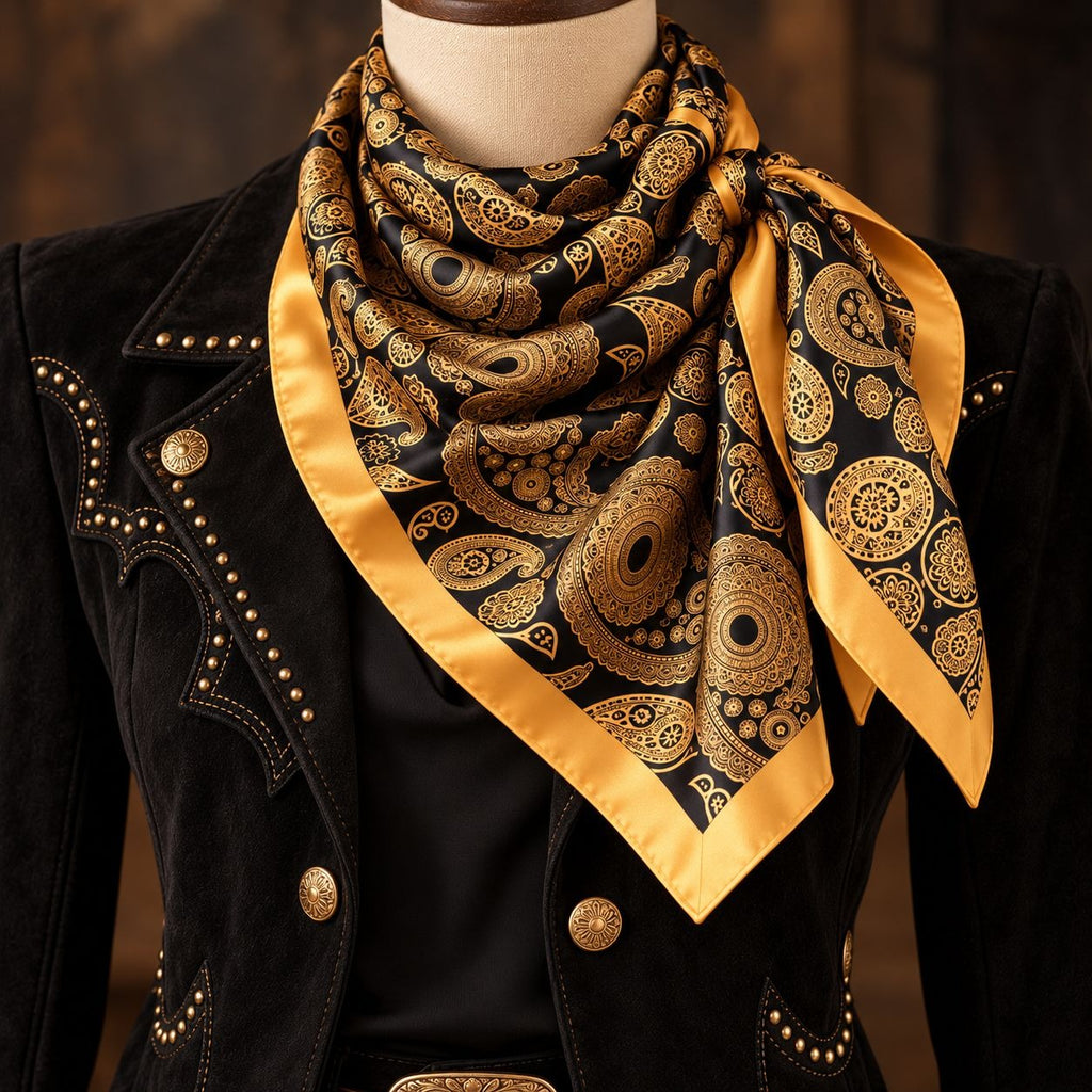 A black silk scarf with a gold paisley and medallion pattern, styled on a mannequin wearing a black western-style jacket.
