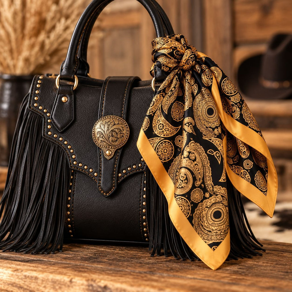 A black leather handbag with fringe, gold-tone studs, and a western-style concho detail, styled on a wooden surface with a black and gold paisley scarf tied to the handle. A blurred rustic setting with a hat and dried grass is in the background.
