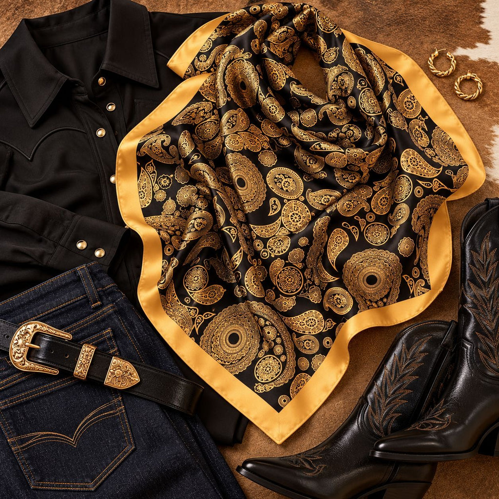 A styled flat-lay featuring a black silk scarf with a gold paisley pattern and a yellow-gold border, arranged with a black western shirt, dark blue jeans with a gold-buckled belt, black leather cowboy boots, and gold hoop earrings on a brown textured background.