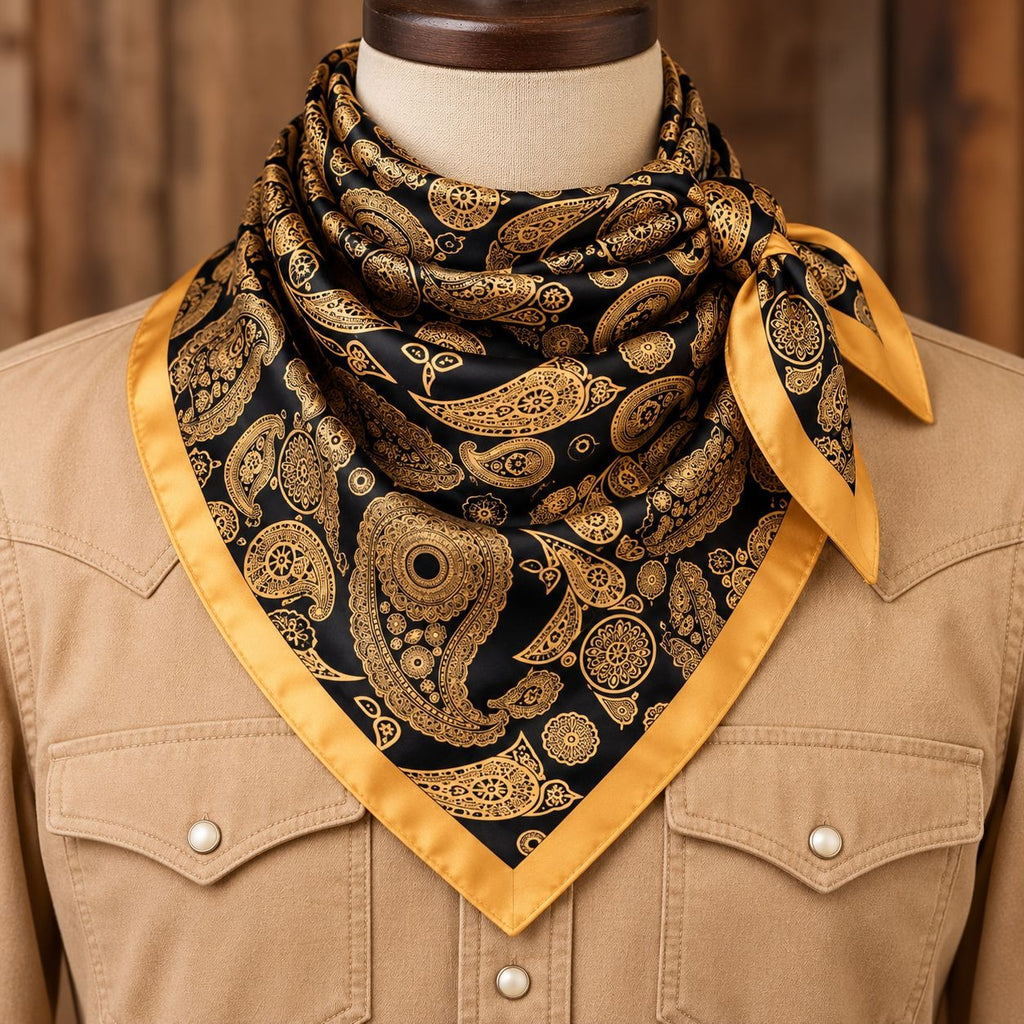 A black square scarf with a gold paisley pattern and gold border, styled on a tan shirt mannequin against a rustic wooden background.