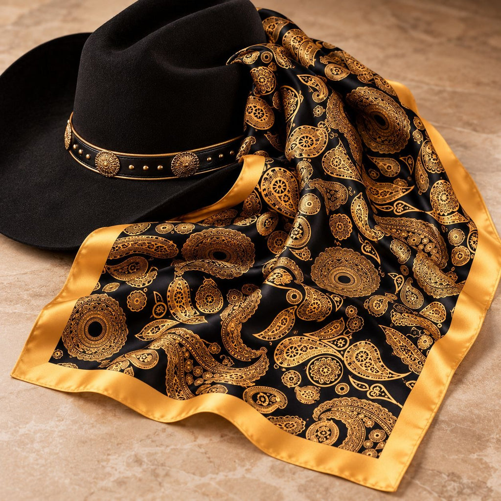 A black felt cowboy hat with a gold band, draped with a black silk scarf featuring an ornate gold paisley pattern and a gold border, set on a beige stone surface.