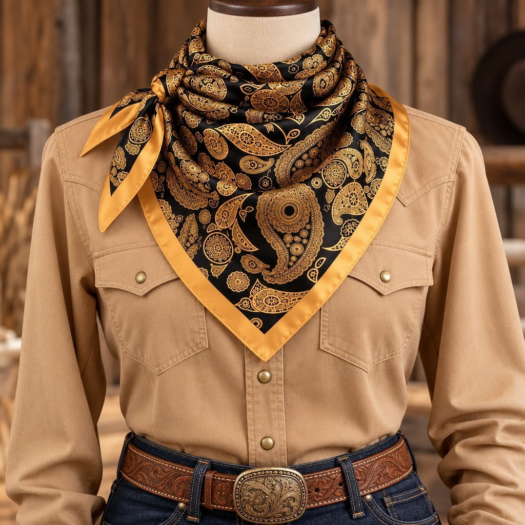 A black silk bandana with a gold paisley pattern and yellow-gold border, styled on a mannequin wearing a tan western shirt and jeans.