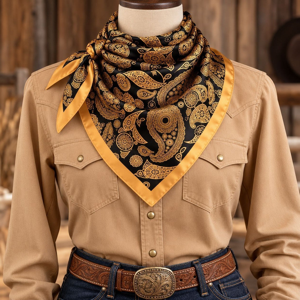 A black silk bandana with a gold paisley pattern and yellow-gold border, styled on a mannequin wearing a tan western shirt and jeans.
