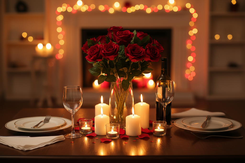 Red roses vase centerpiece with Valentine's Day candles