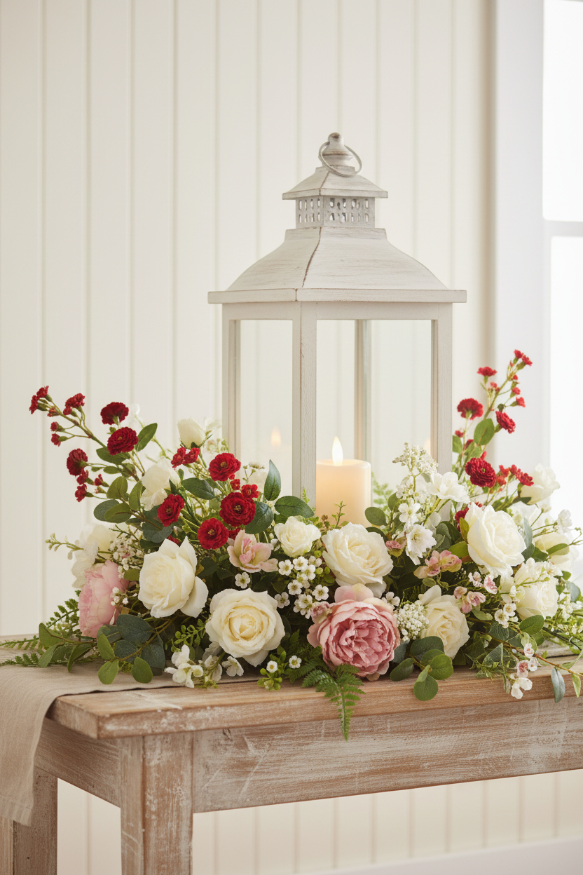 Red Roses with Cream & Blush - Lantern Vignette