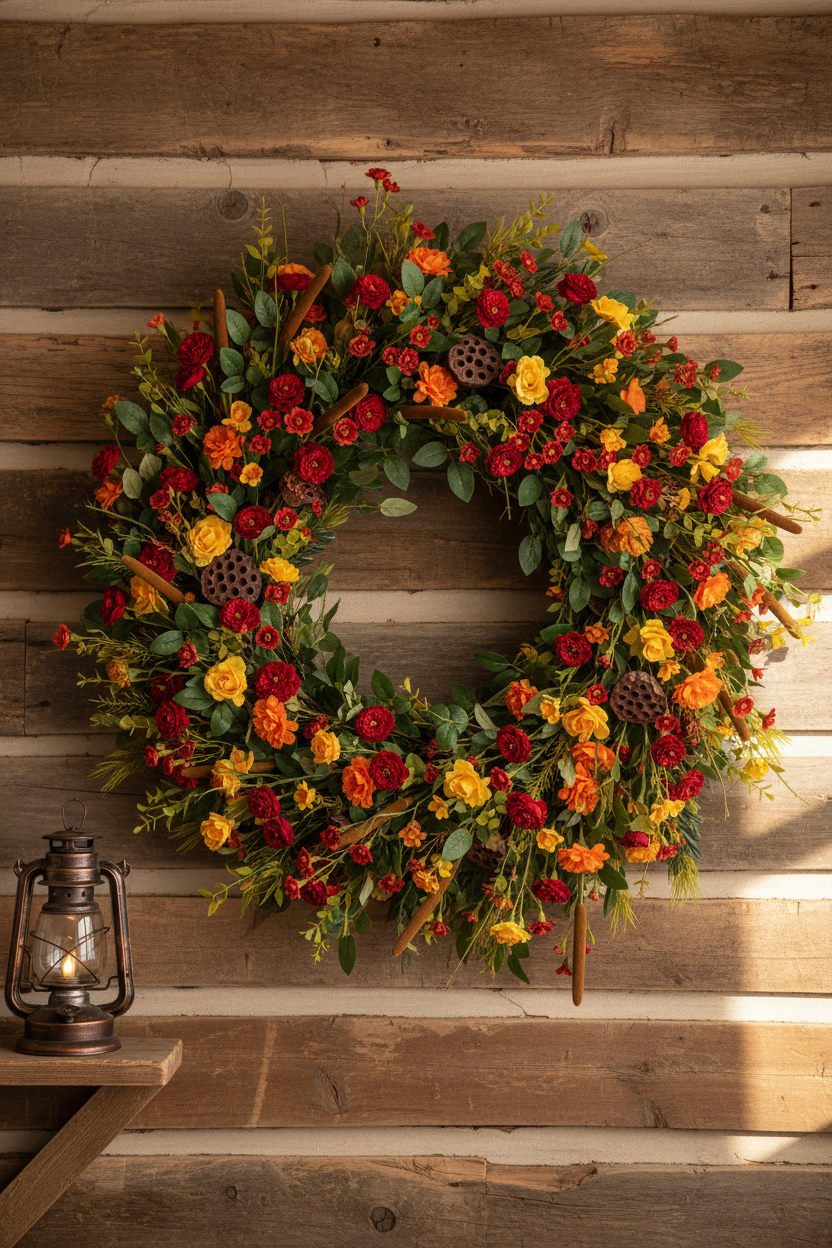 Red Roses with Orange & Yellow - Western Wreath