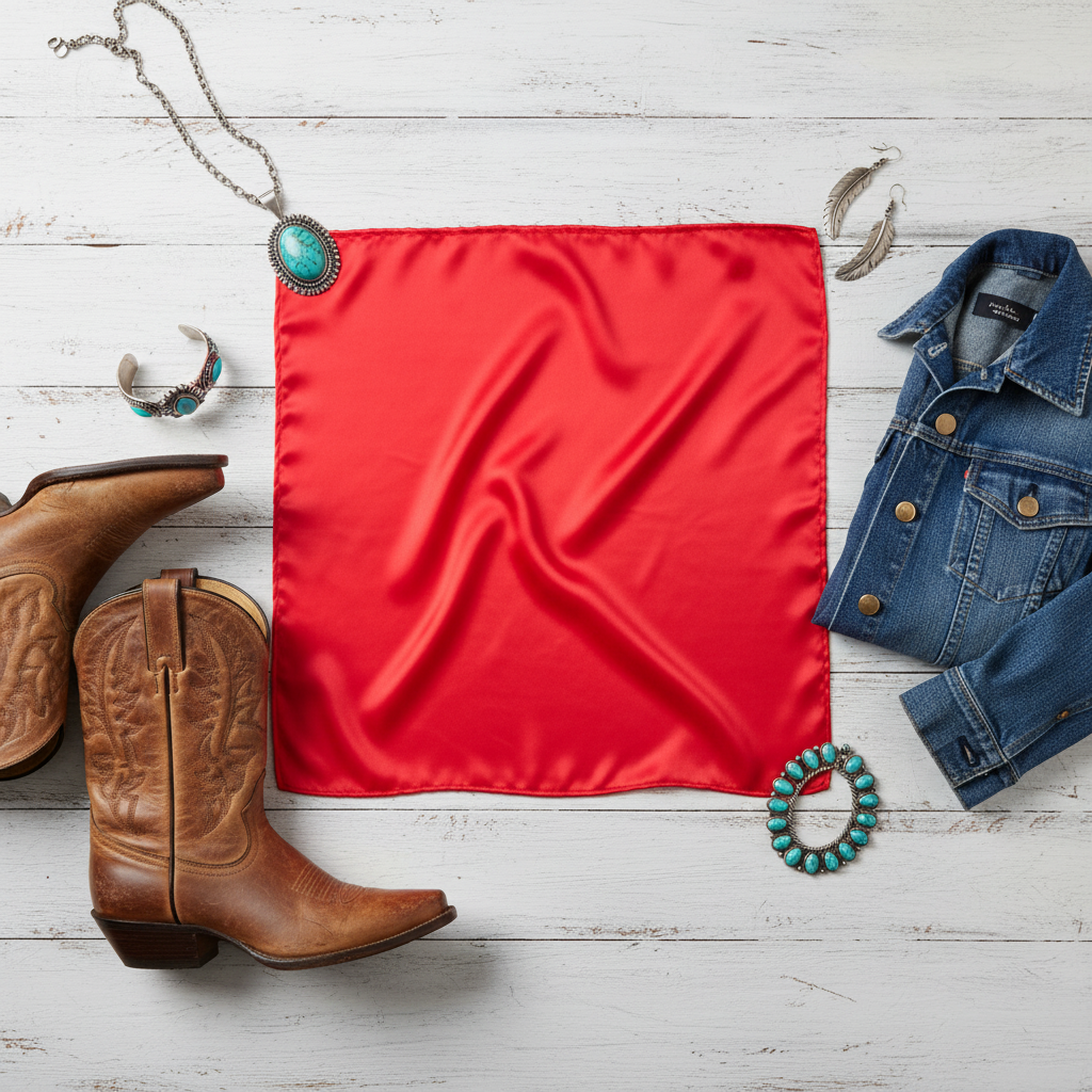 Red satin scarf 19x19 flat lay with western accessories