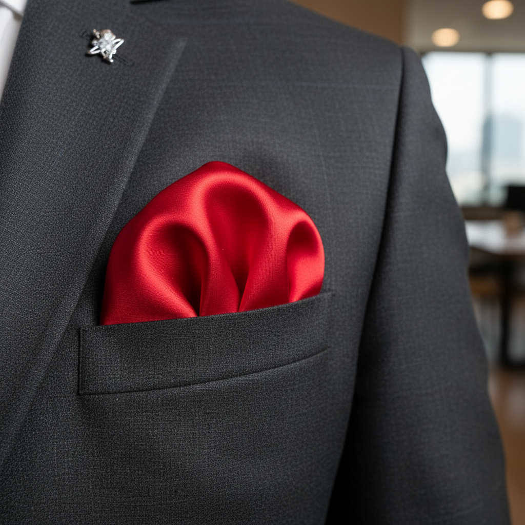 Red satin scarf 19x19 folded as pocket square in blazer
