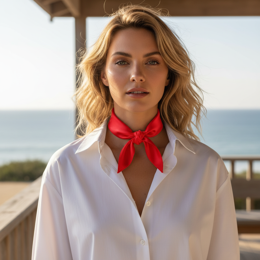 Red satin scarf 19x19 tied as neckerchief ascot style at neck
