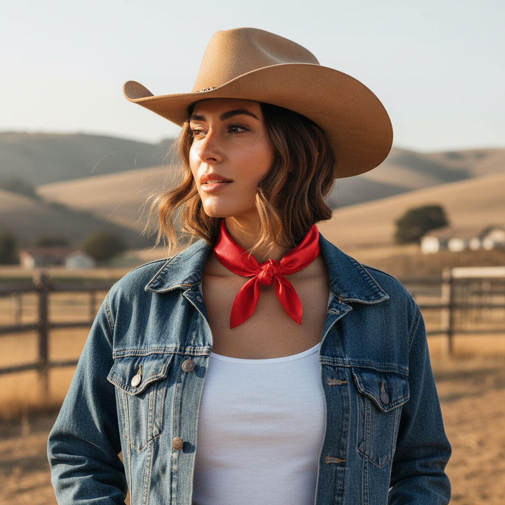Red satin scarf 19x19 tied as neckerchief on woman