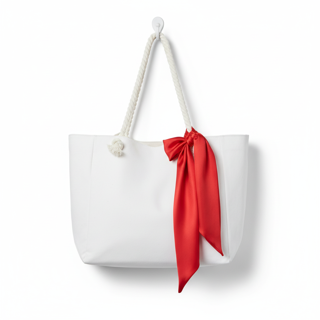 Red satin scarf 19x19 tied on white purse draping down