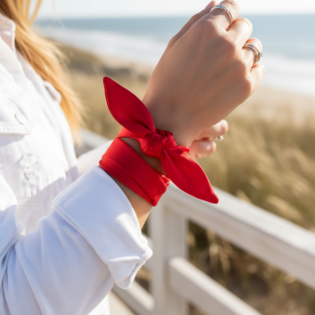 Red satin scarf 19x19 wrapped twice around wrist with bow
