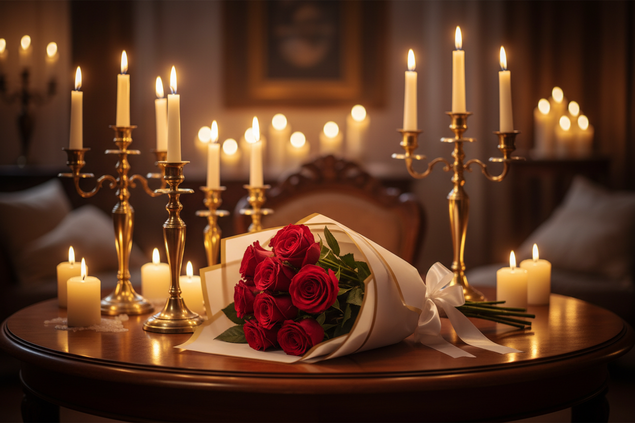 Red velvet roses with bow laid on candlelit table