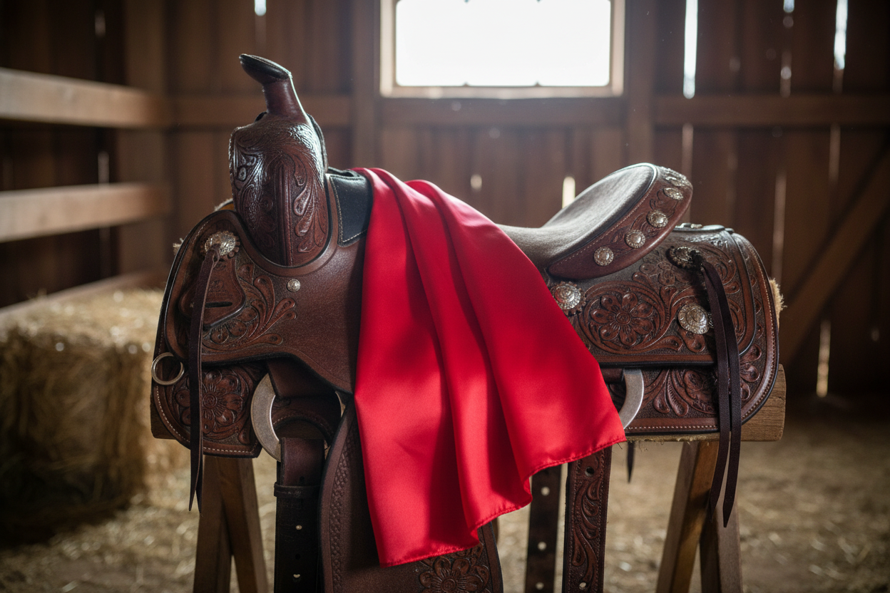 Red wild rag 23x23 draped over western saddle with tack