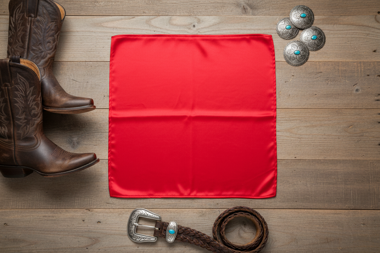 Red wild rag 23x23 laid flat in square shape with western accessories