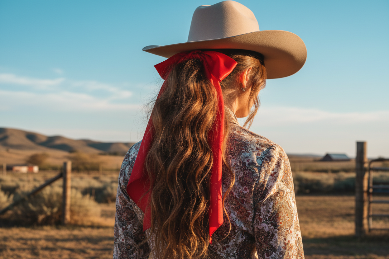 Red wild rag 23x23 scarf styled as hair tie on cowgirl