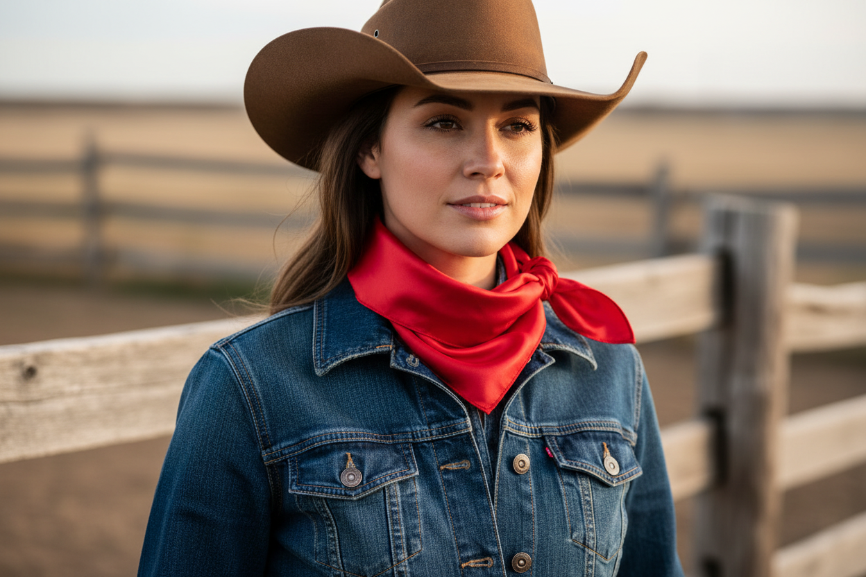 Red wild rag 23x23 scarf wrapped around cowgirl's neck