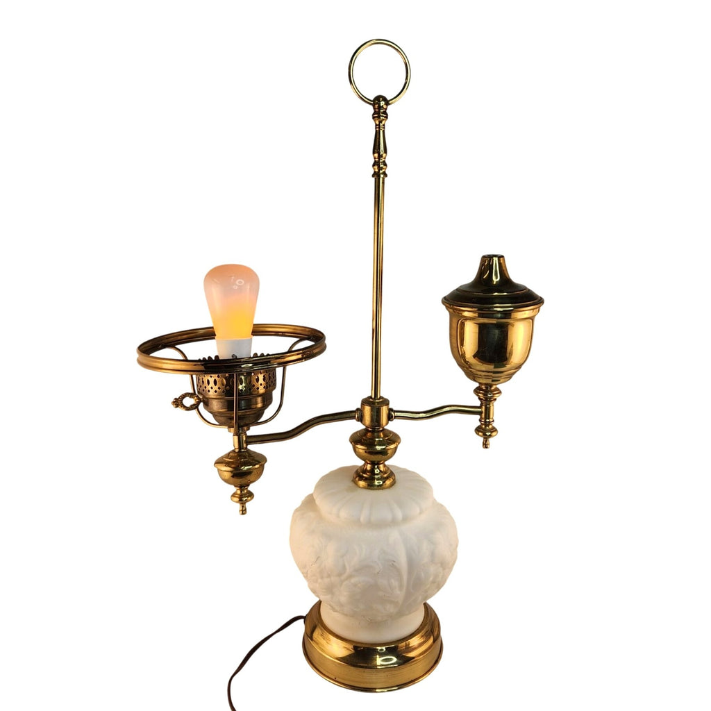 Vintage Victorian Student Lamp Brass Milk Glass Dual Light Desk Lamp Oil Electric Style 24in