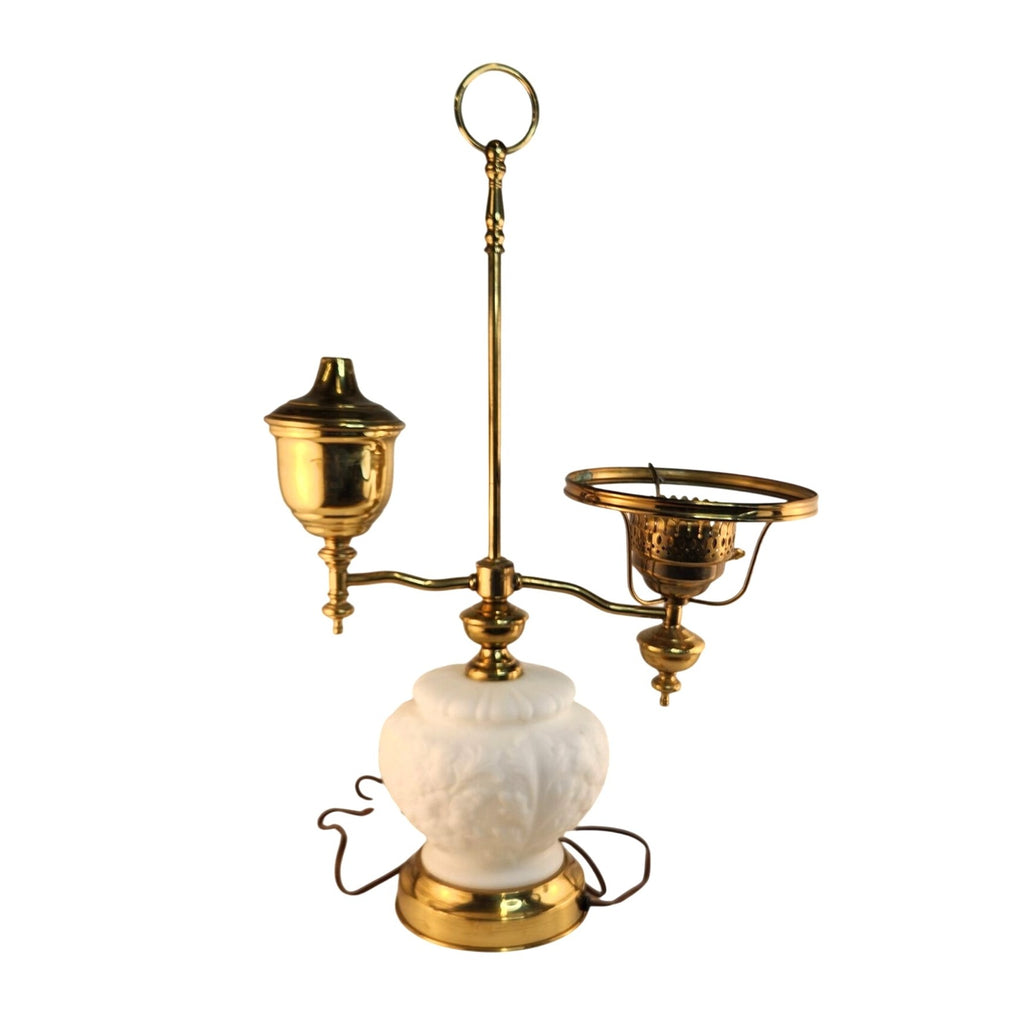 Vintage Victorian Student Lamp Brass Milk Glass Dual Light Desk Lamp Oil Electric Style 24in