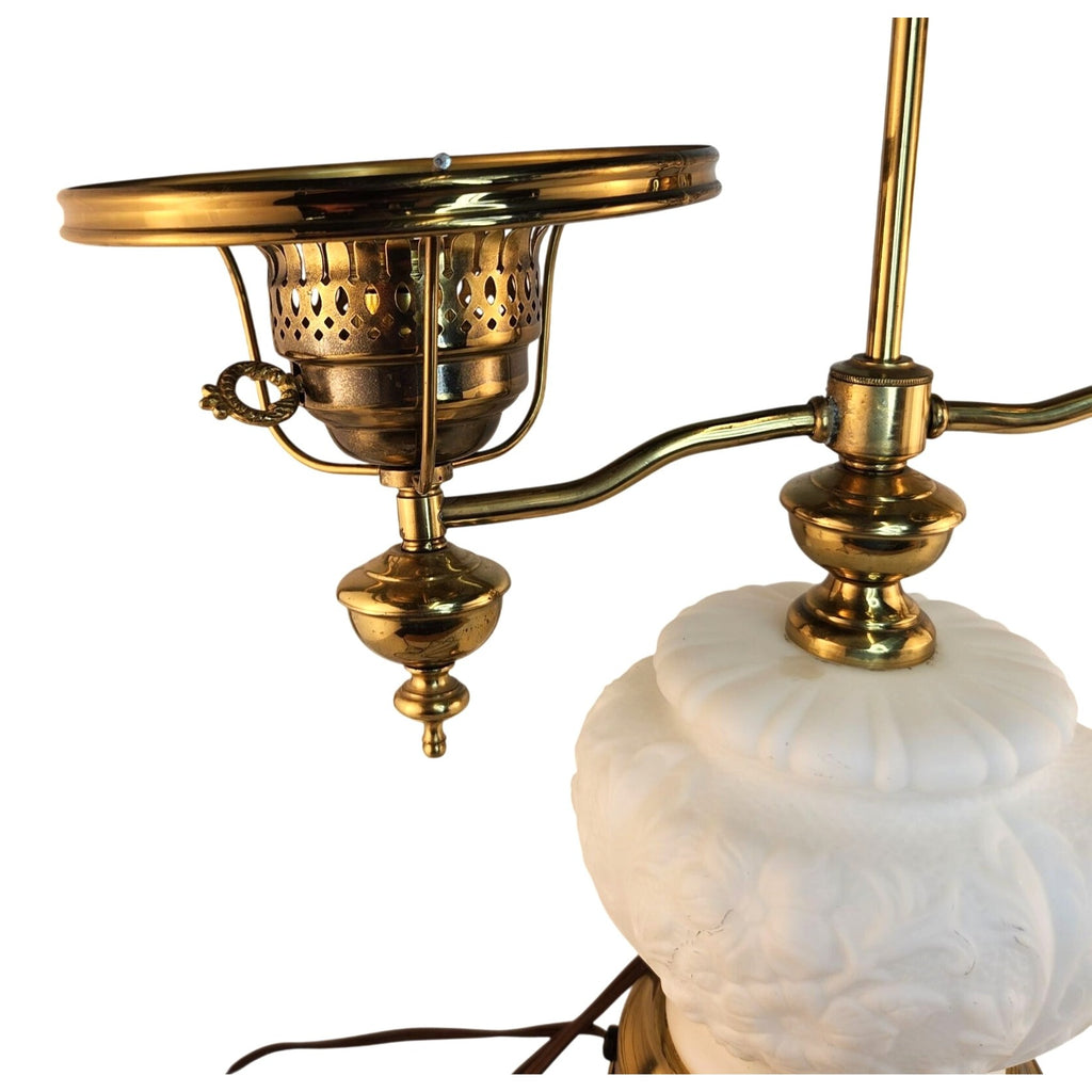 Vintage Victorian Student Lamp Brass Milk Glass Dual Light Desk Lamp Oil Electric Style 24in