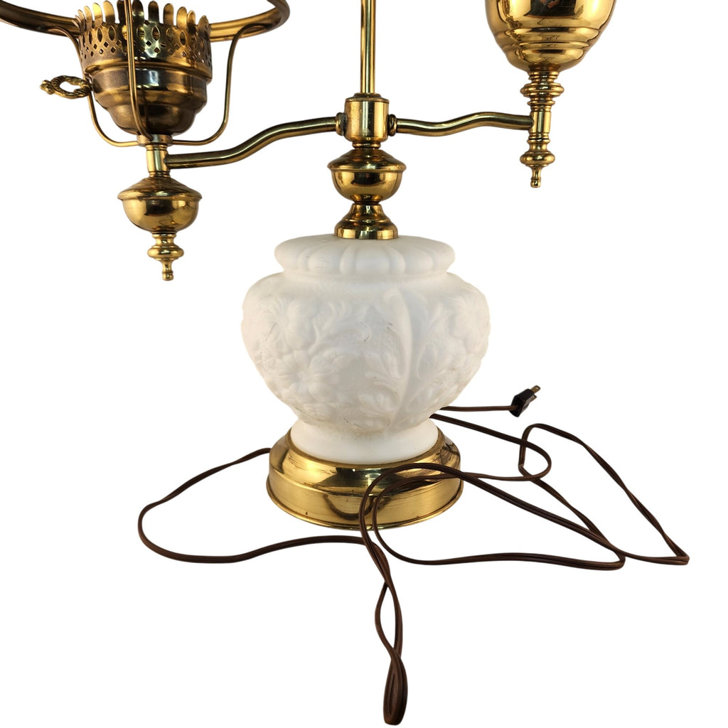 Vintage Victorian Student Lamp Brass Milk Glass Dual Light Desk Lamp Oil Electric Style 24in