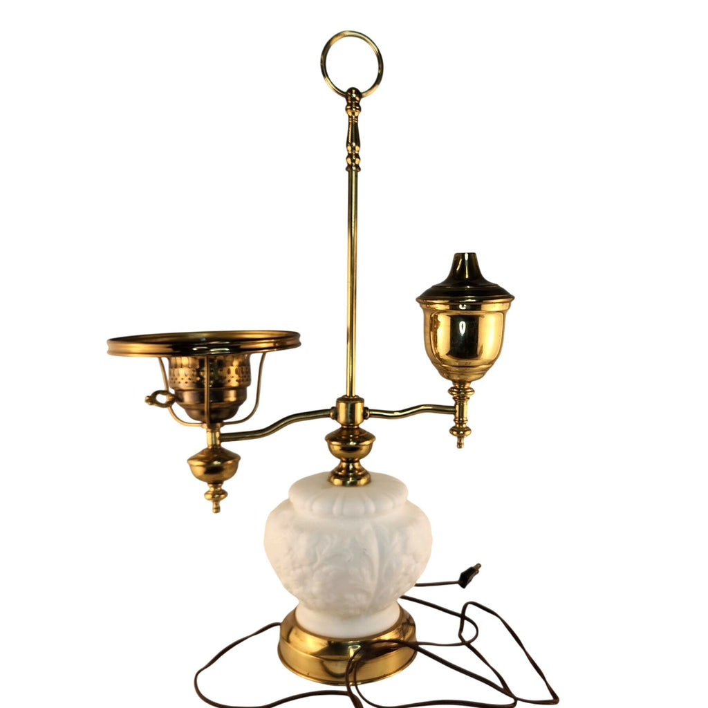 Vintage Victorian Student Lamp Brass Milk Glass Dual Light Desk Lamp Oil Electric Style 24in
