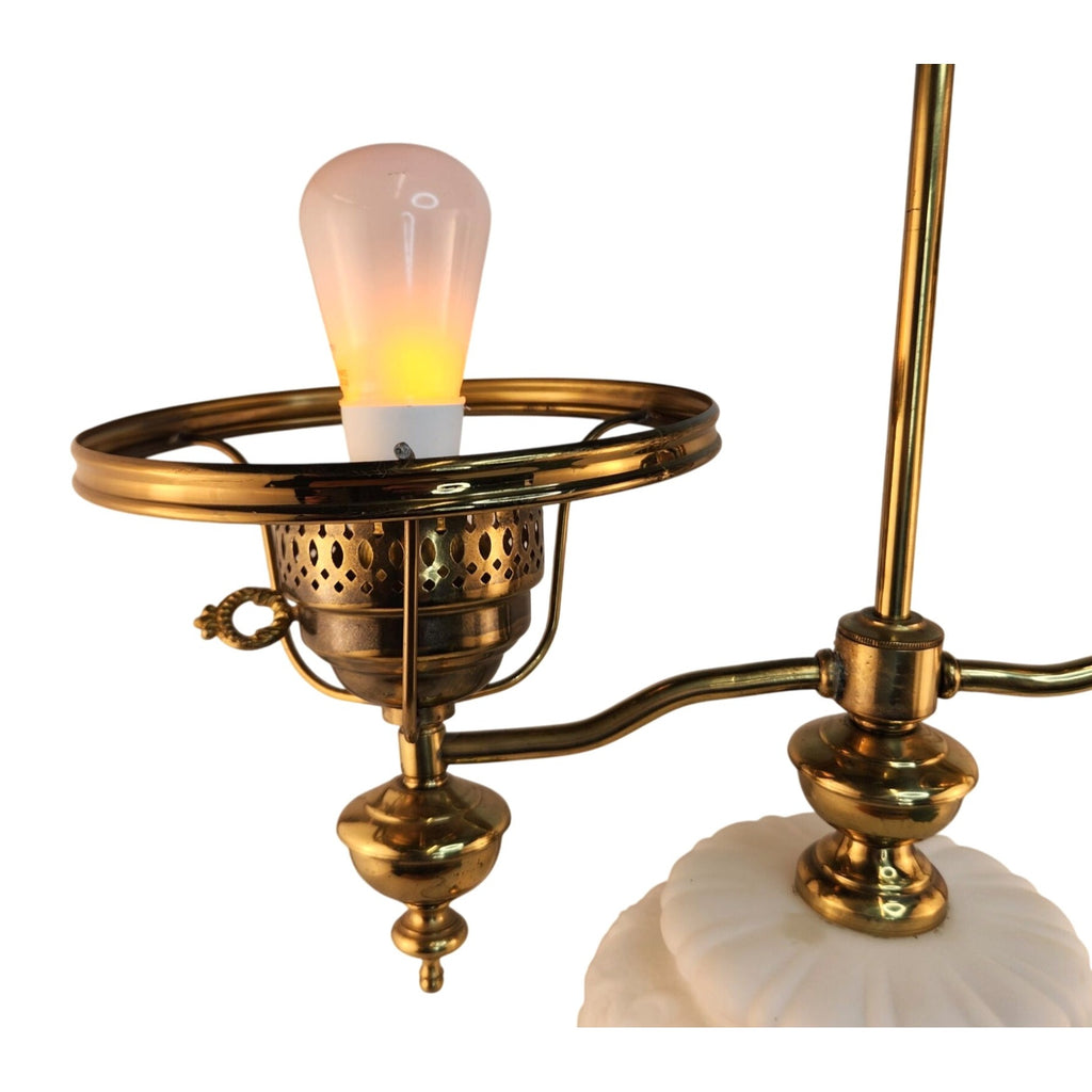 Vintage Victorian Student Lamp Brass Milk Glass Dual Light Desk Lamp Oil Electric Style 24in