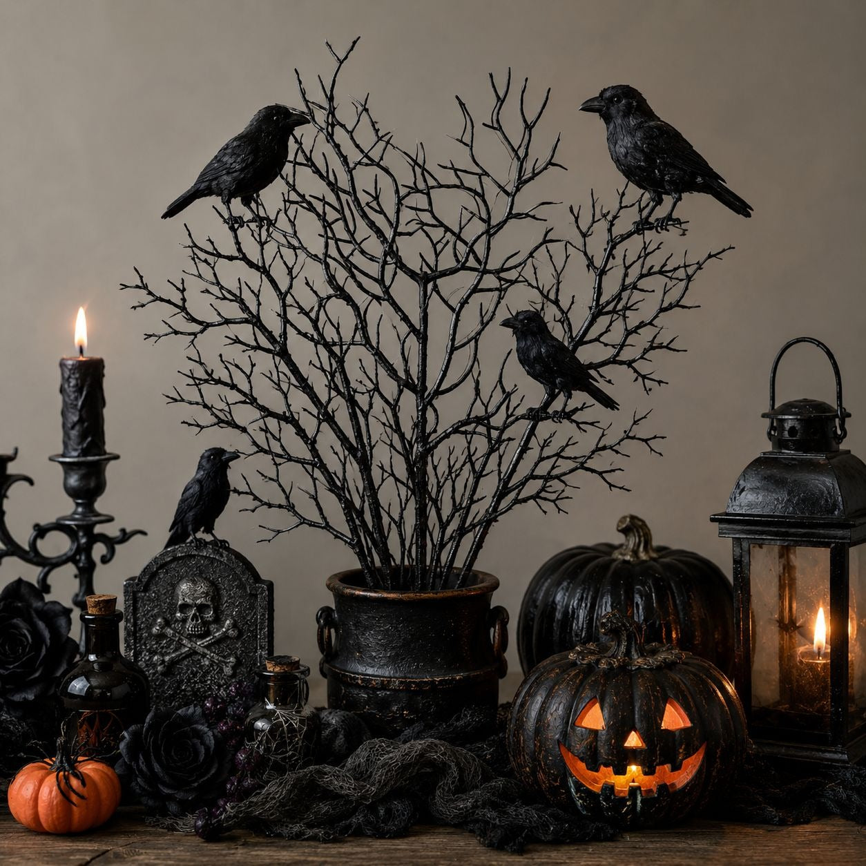 Halloween-themed decor with pumpkins, candles, and black birds on branches.