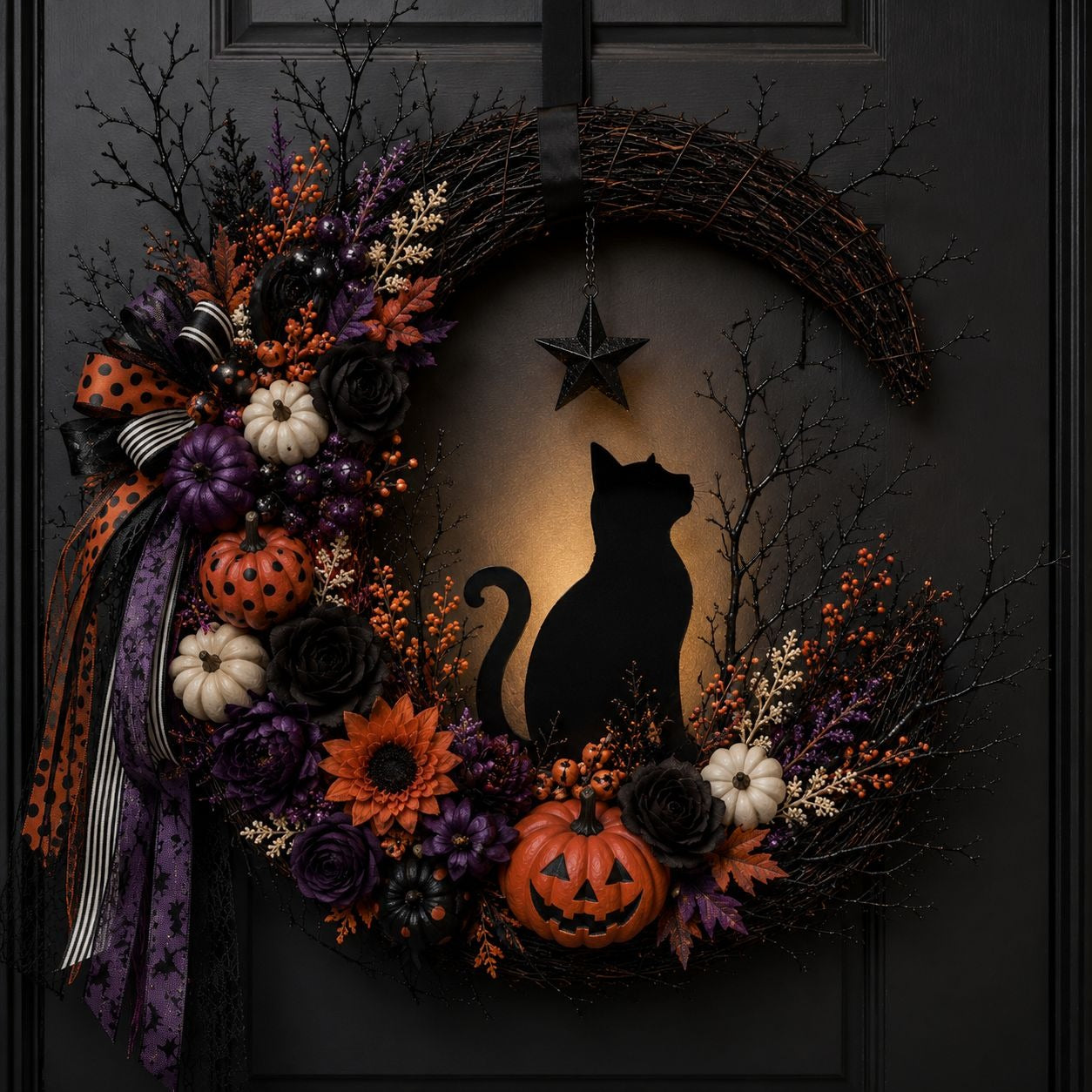 Halloween wreath with cat, pumpkins, and flowers on a dark background