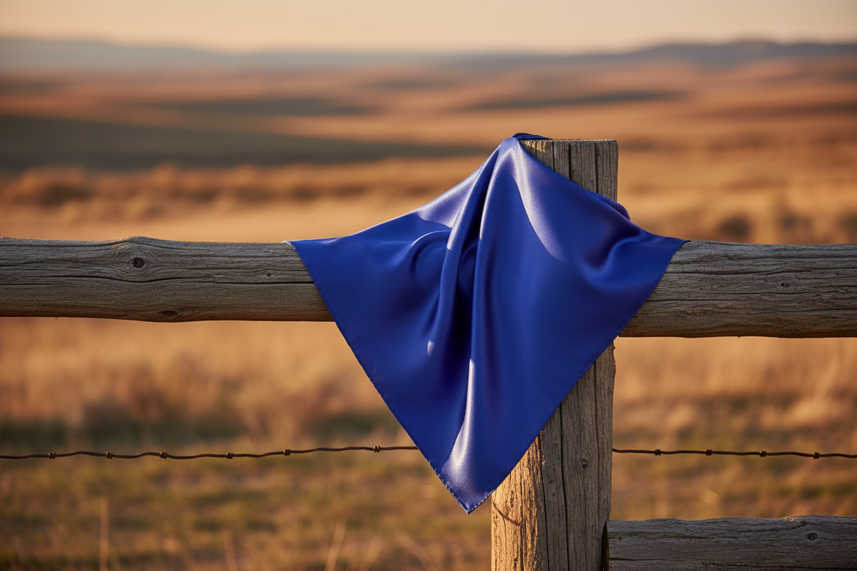 Royal blue wild rag scarf draped over ranch fence post