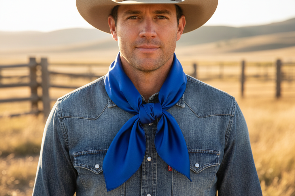 Royal blue wild rag scarf worn by cowboy with denim and hat