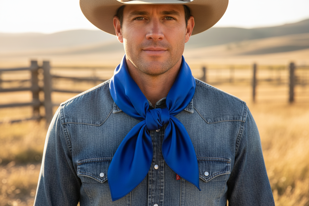 Royal blue wild rag scarf worn by cowboy with denim and hat