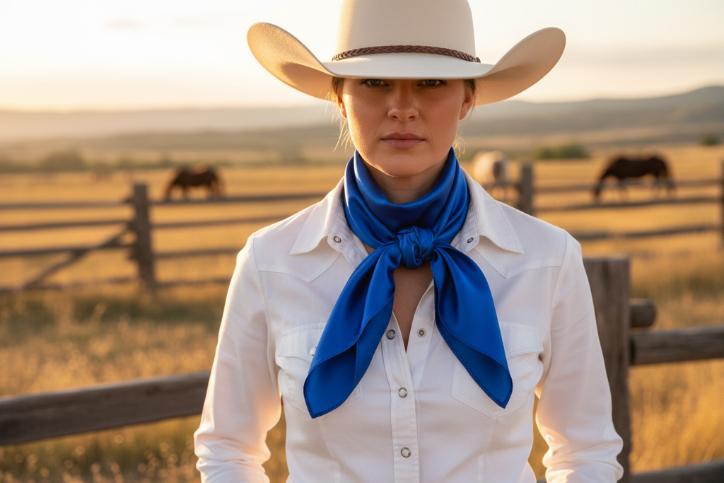 Royal blue wild rag scarf worn by cowgirl with white western shirt and hat