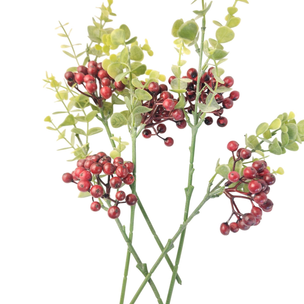 Artificial Burgundy Berry Picks with Eucalyptus, Set of 5, 14 Inch Wired Stems for Wreaths and Centerpieces