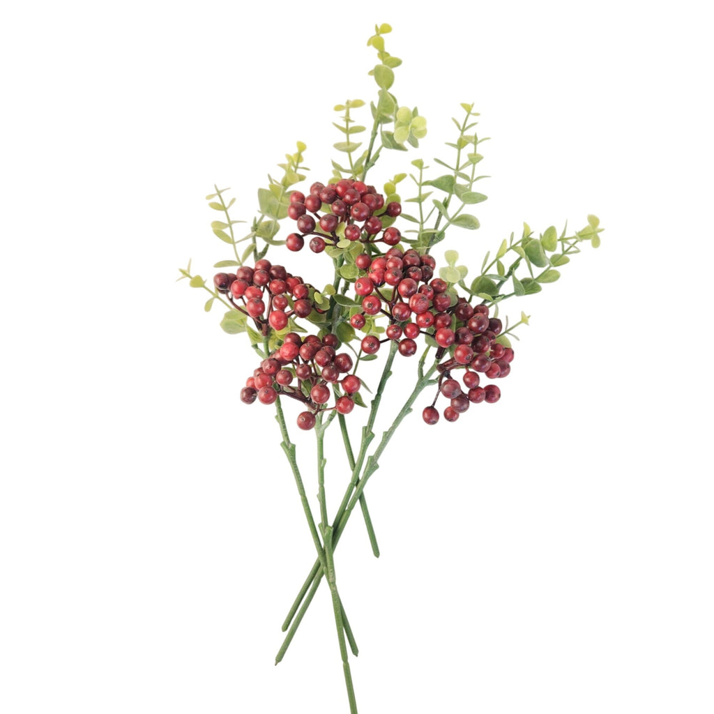 Artificial Burgundy Berry Picks with Eucalyptus, Set of 5, 14 Inch Wired Stems for Wreaths and Centerpieces