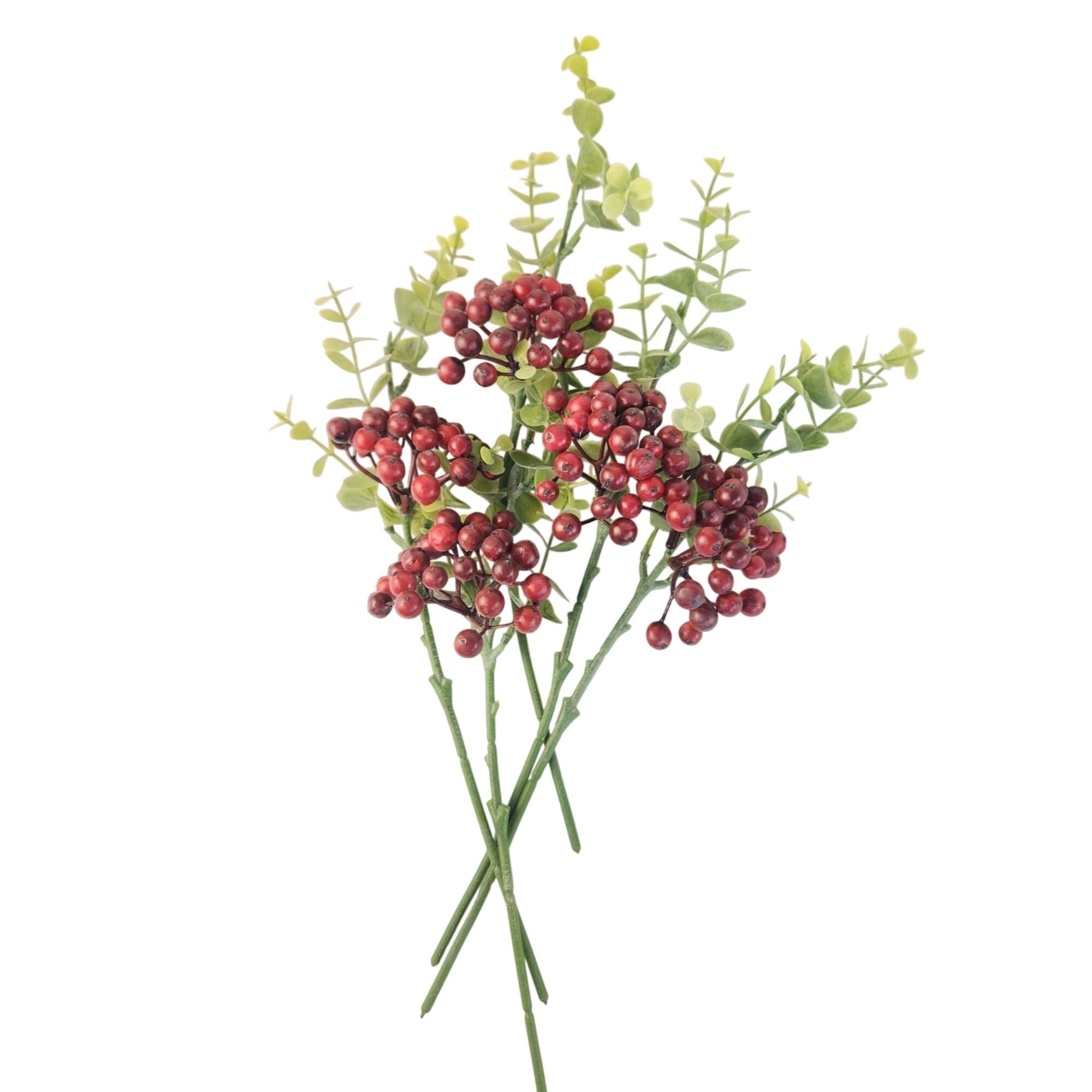 Artificial Burgundy Berry Picks with Eucalyptus, Set of 5, 14 Inch Wired Stems for Wreaths and Centerpieces