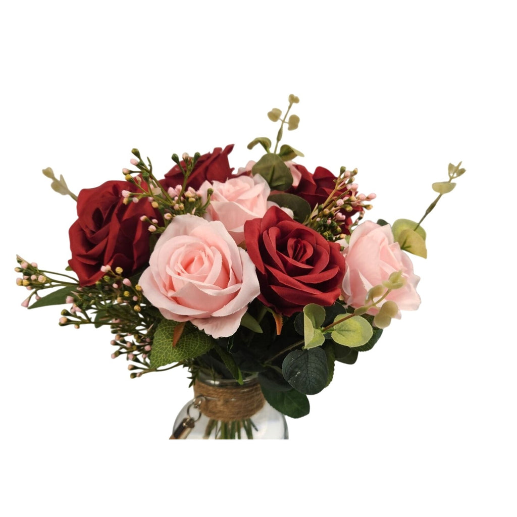 Red Pink Rose Faux Flower Bouquet Wedding Artificial Floral Decor