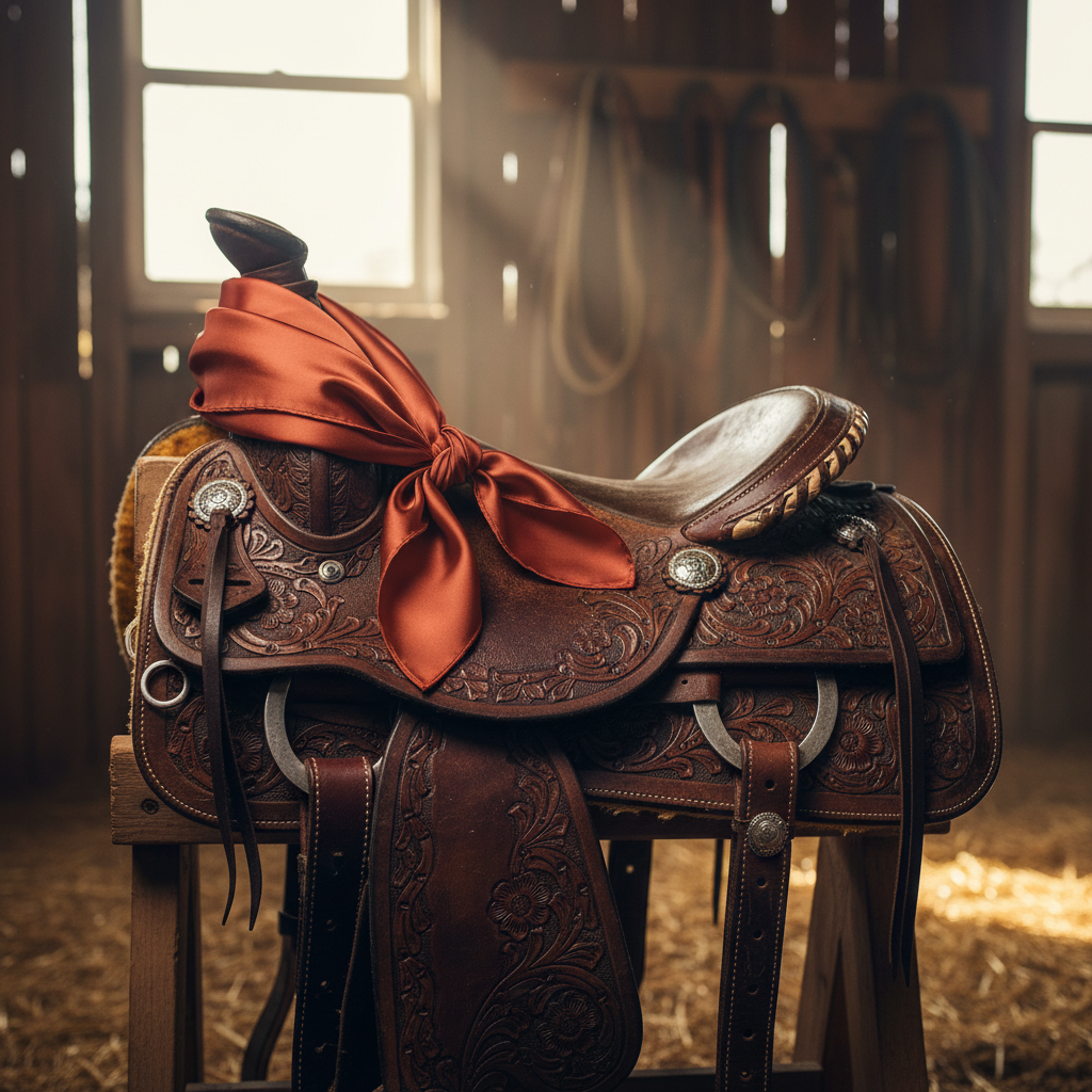 Rust red wild rag 23x23 draped over western saddle with tack