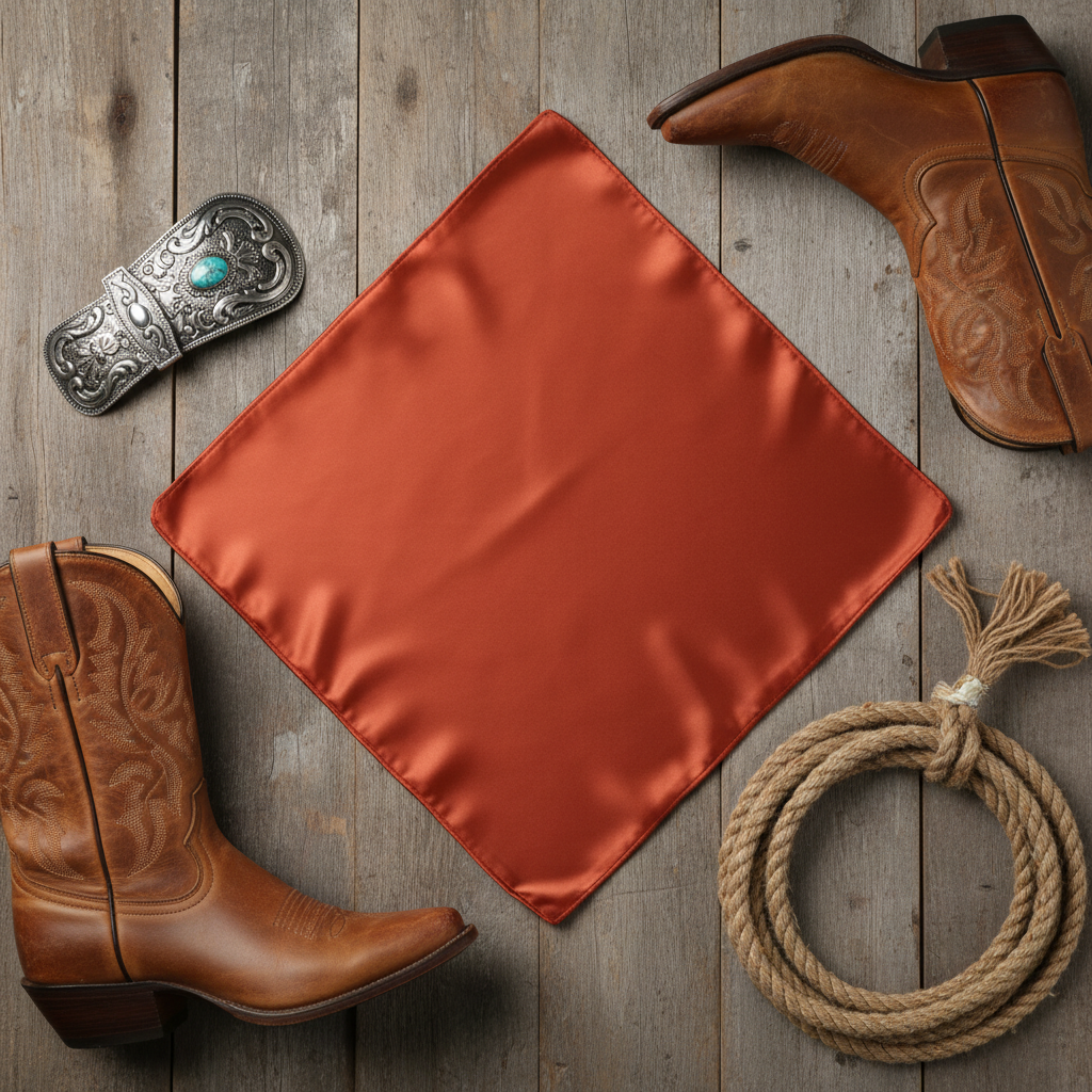 Rust red wild rag 23x23 laid flat in square shape with western accessories