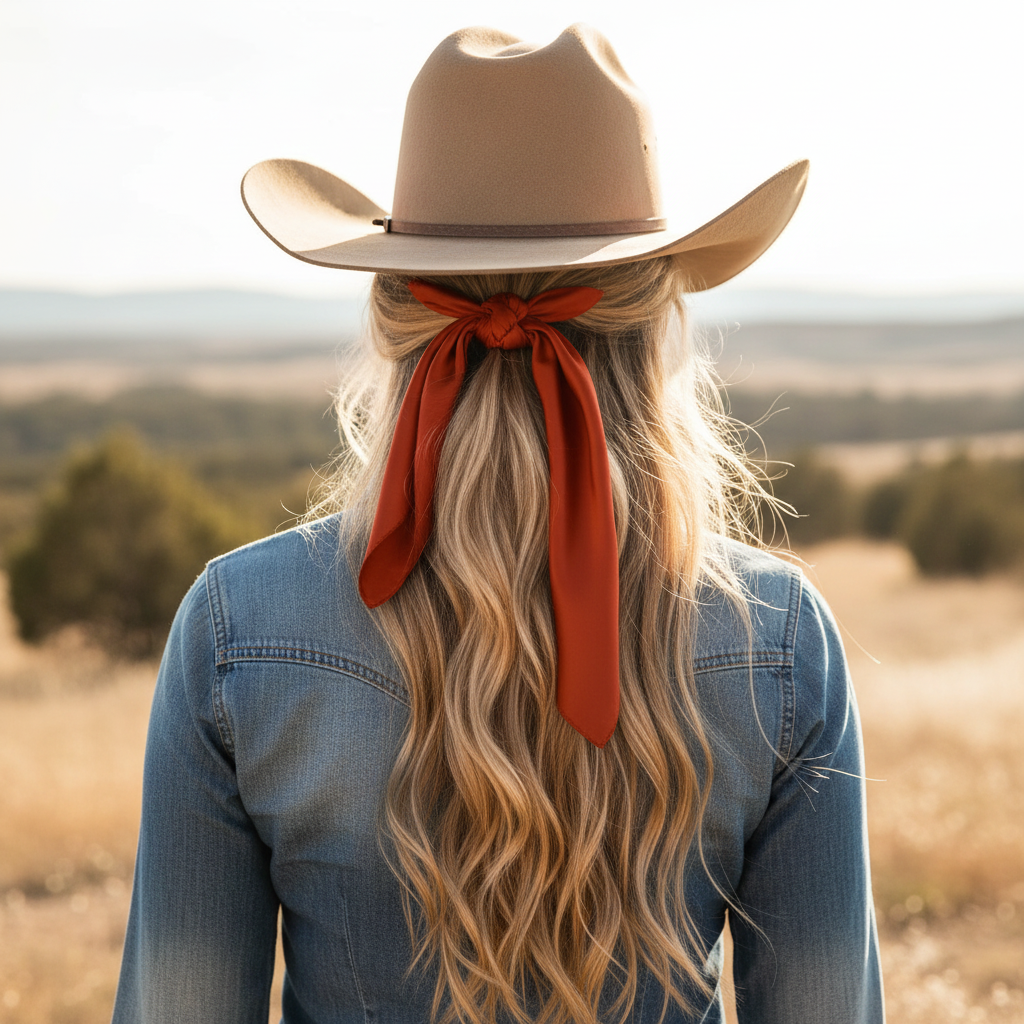 Rust red wild rag 23x23 scarf styled as hair tie on cowgirl