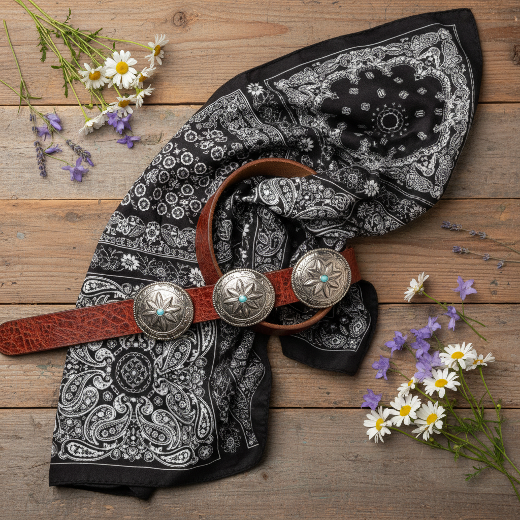 Rustic flat lay with western accessories