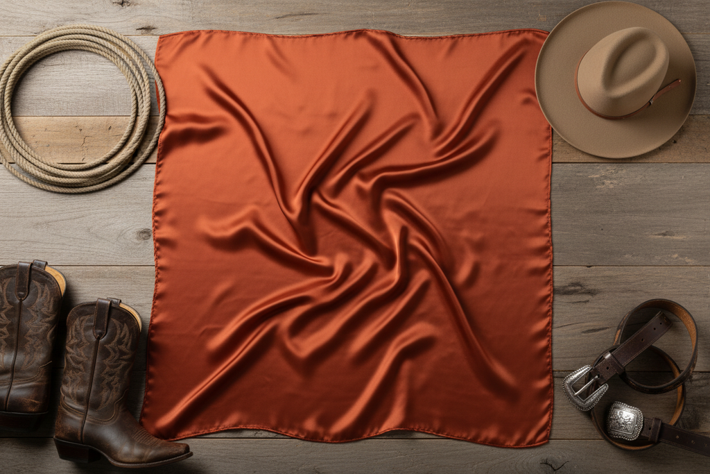 Rusty red brown wild rag scarf flat lay with western accessories
